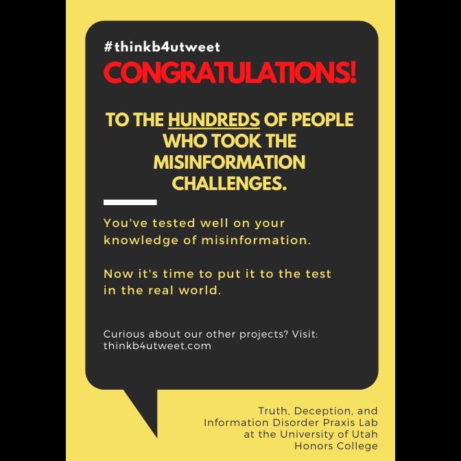 b4utweet_'s tweet photo. Congratulations to the misinformation challenge winners!!! 🥳

https://t.co/w6GipACn1G

#Misinformation #Challenge #ThinkB4UTweet #FightFakeNews #UniversityOfUtah #HonorsCollege #PraxisLab https://t.co/EJlgYlo4ka