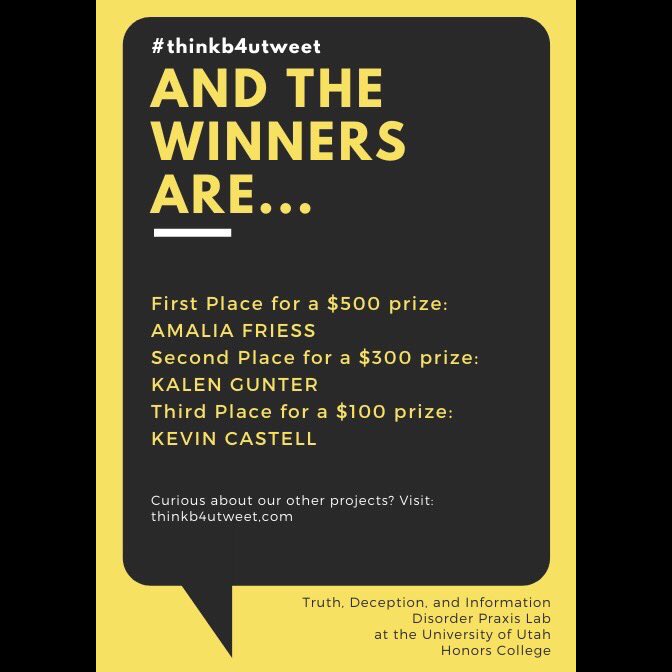 b4utweet_'s tweet photo. Congratulations to the misinformation challenge winners!!! 🥳

https://t.co/w6GipACn1G

#Misinformation #Challenge #ThinkB4UTweet #FightFakeNews #UniversityOfUtah #HonorsCollege #PraxisLab https://t.co/EJlgYlo4ka