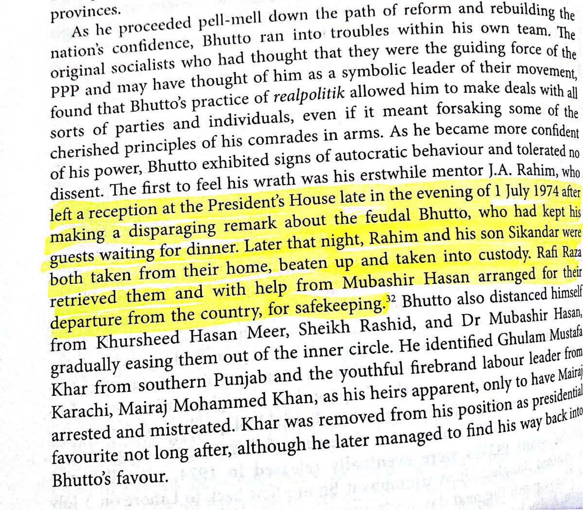 Bhutto used FSF (Pak Gestapo) against his own party members & opposition leaders.Got his mentor (J.A. Rahim) brutally beaten because Rahim made disparaging remarks.Opened cases against Ch Zahoor such as Bhains Choori & Weapons smuggling on camel-back.