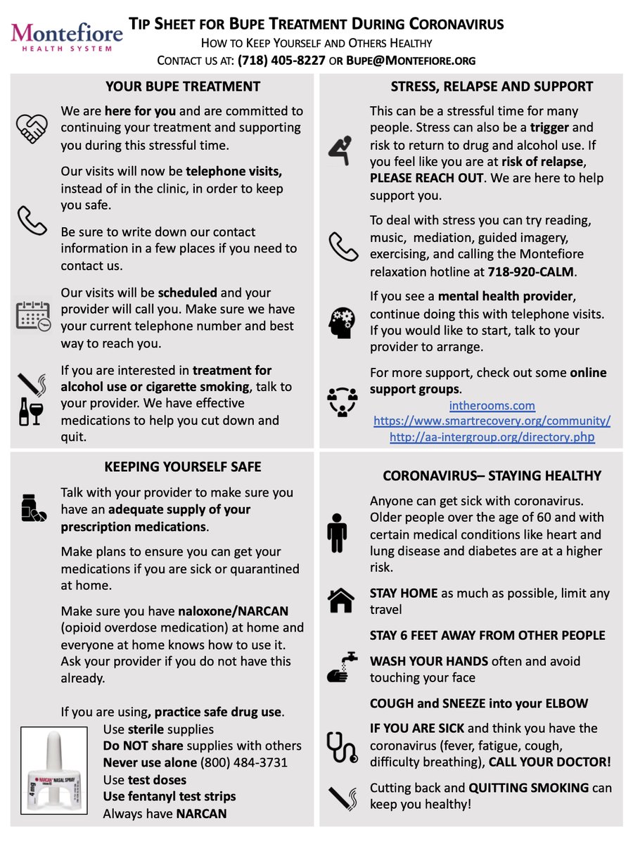 A THREAD.Looking for guidance on caring for patients with  #OUD on  #bupe during  #COVID19? Head to  http://bit.ly/MontefioreBupe  for resources!Together with  @TiffanyLuMD &  @DrChinazo, we hosted a webinar on Bupe Treatment during COVID & put together the following #Addictiontwitter