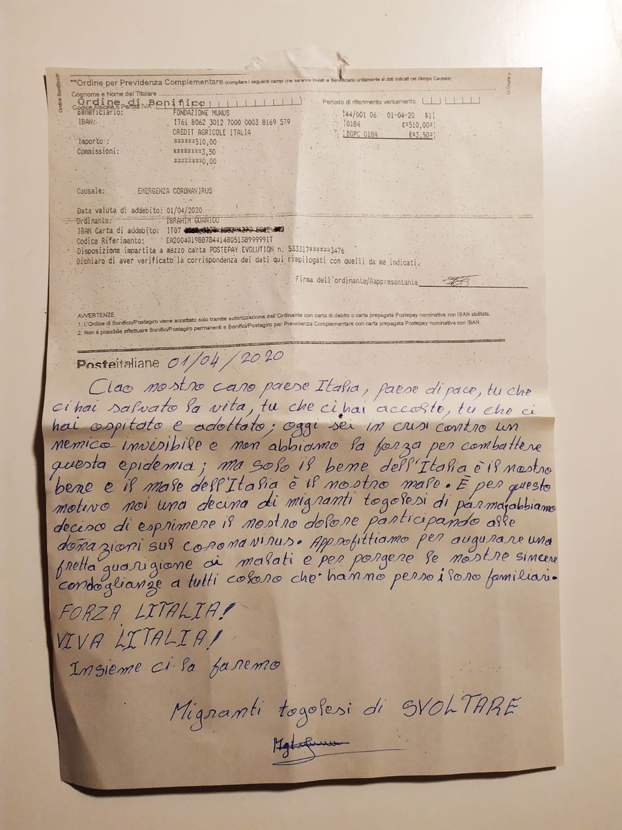 DuarteLevy's tweet image. Em Itália, um grupo de migrantes togoleses ofereceu 510€ para ajudar os hospitais de Parma no combate ao Covid-19. O presidente da autarquia de Parma agradece: “É tudo o que eles têm, mas vale mais do que todo o ouro do mundo. Obrigado”. facebook.com/f.pizzarotti/p…