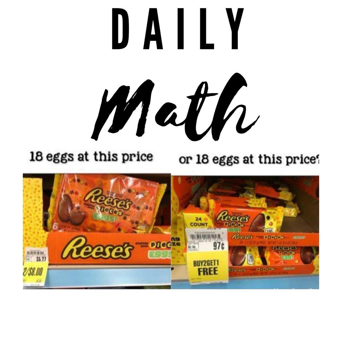 principaljared's tweet photo. A little daily math challenge for parents looking for a math activity today.

Option A: buy 18 eggs when they are in packages of 6 at 2 for $8.
Option B: 18 eggs when they are $.97 each and you buy 2, get 1 free.
#coronavirus #homeschool #Parents #teachers #education https://t.co/pRJf9WKp5U