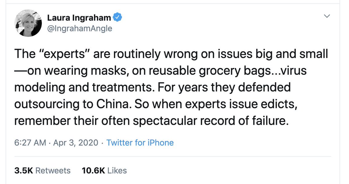 20/ Finally, the most important trick: Undermine factuality itself. How?Tell people not to believe expertsUnleash such a firehose of lies that people get so confused they eventually conclude that the truth is unknowable.A few examples from the tireless  @ddale8