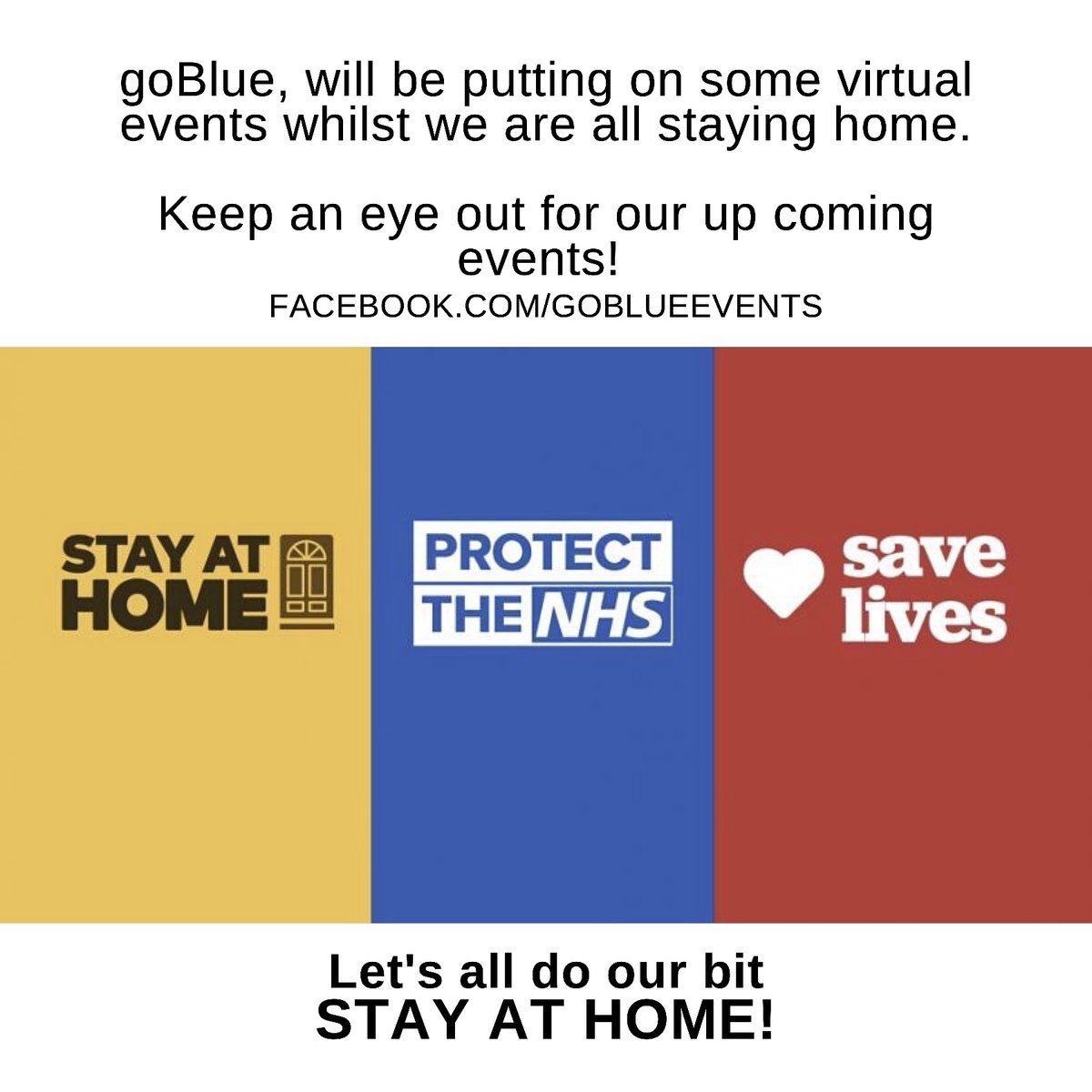 GoblueL's tweet photo. Please do listen to the government advice... To help everyone do this we are creating some online events. Watch this space to find out more.
#stayhome #staysafe #onlineevent #virtualevent #fcebooklive #2020 #goblueevents #quiz #racenight #games https://t.co/0GGjhdRHlV