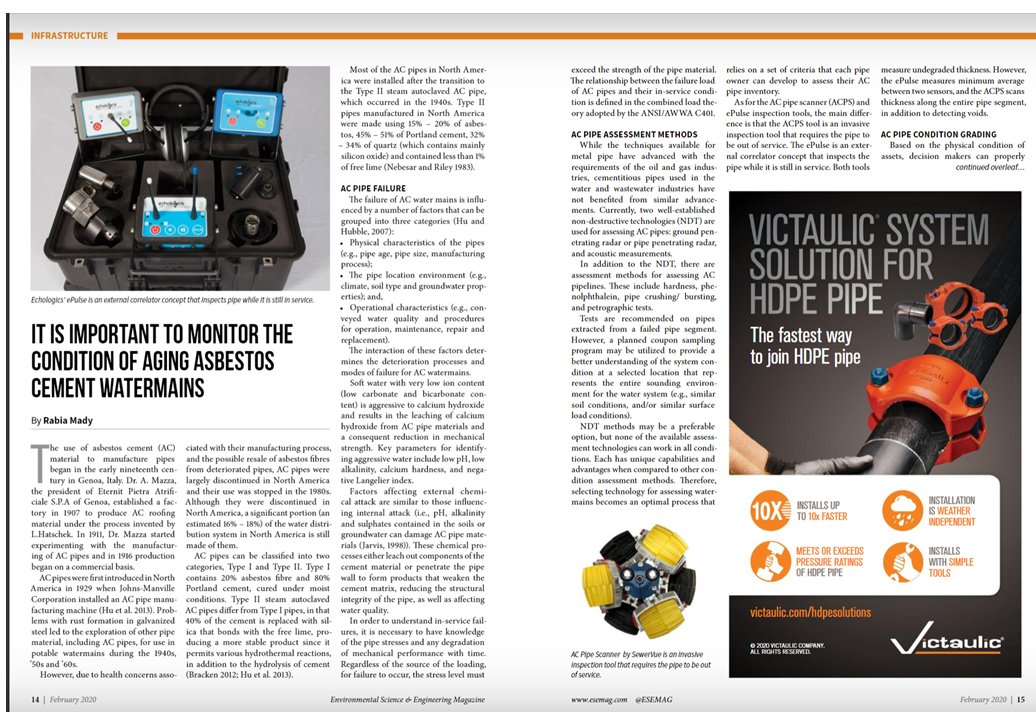 Echologics (@echologics) on Twitter photo It is important to monitor the condition of aging AC water mains, but how can it be done?
5 min read ⏲ by <a href="/ESEMAG/">ES&E Magazine</a> (page 14- 16)
okt.to/lxaNW9
#conditionassessment #technology It is important to monitor the condition of aging AC water mains, but how can it be done?
5 min read ⏲ by <a href="/ESEMAG/">ES&E Magazine</a> (page 14- 16)
okt.to/lxaNW9
#conditionassessment #technology
