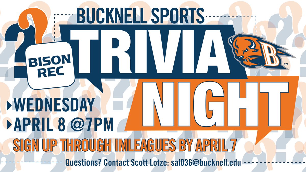 Bucknell_Rec's tweet photo. Mark your calendar, Bison students! We’ll be using Kahoot! for the special event!! A join code will be sent out next week for you to join in on the fun! #BisonRec #BisonQuiz #QuizTime #BucknellSports #HistoryLesson @Bucknell_Bison https://t.co/z12Z1stmwN