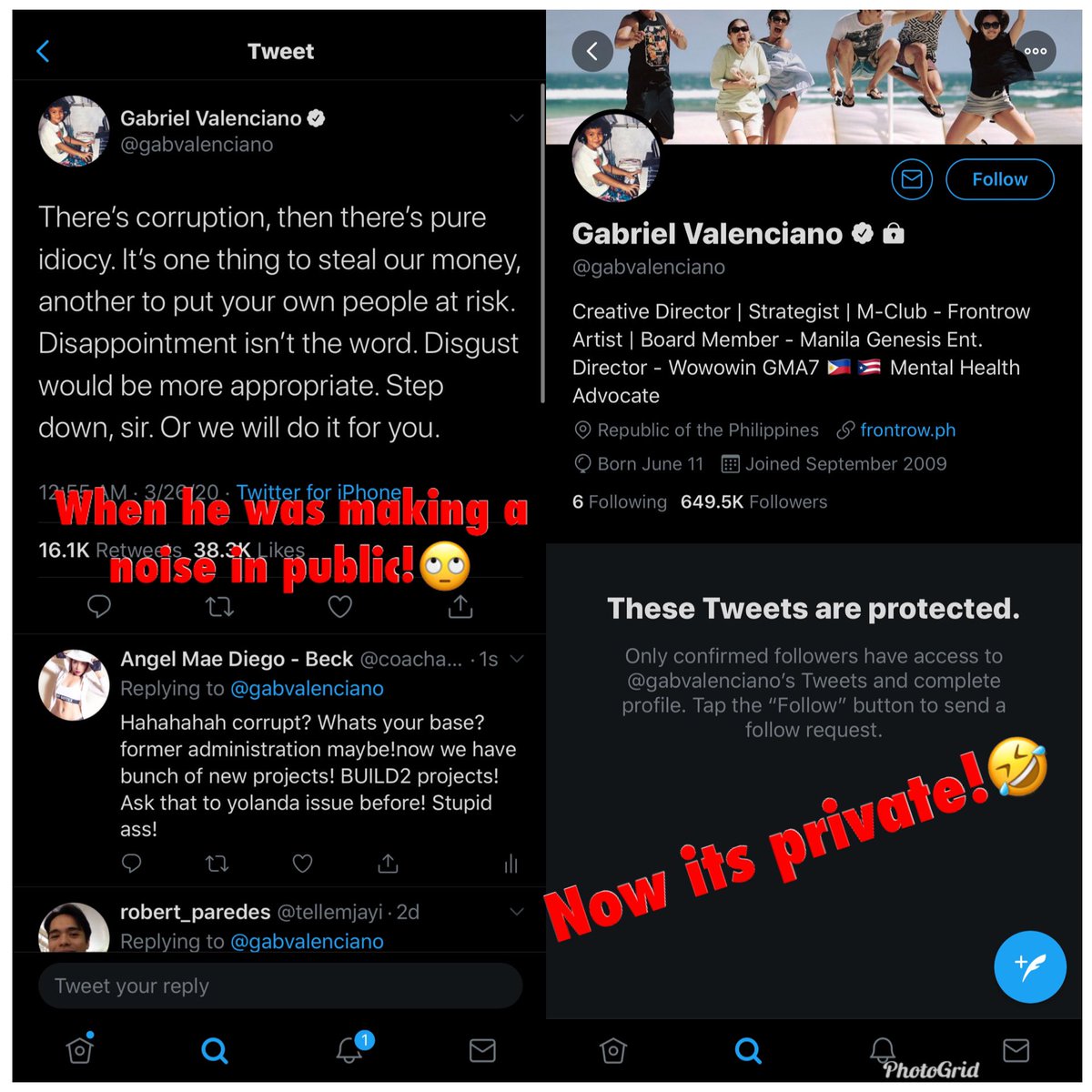 coachangelbeck's tweet image. Haha well now i wonder why he is suddenly a quiet cat🤭🤔 lol coz his account now is private!CHICKEN 🐓! 🤣🤣cant handle Pro Dutertes!! Or maybe its adding to your anxieties?! Pls go to your doctor before its too late! You’re burning your own self!
#IStandWithDuterte #produterte