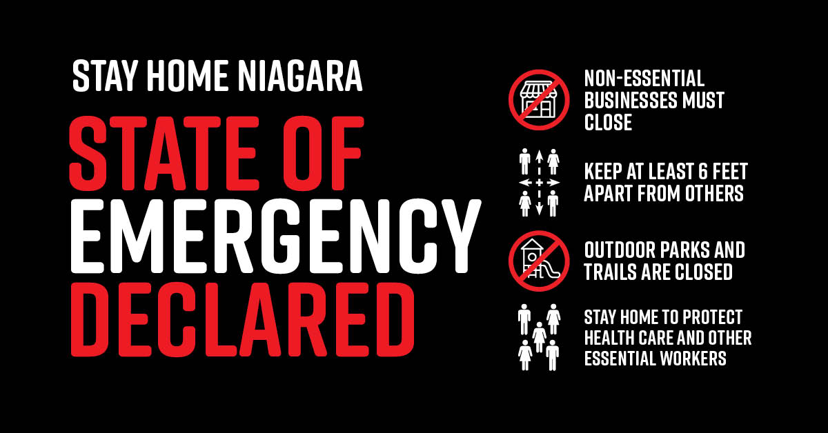 Reminder that #Niagara Region and Niagara’s 12 local municipalities have jointly declared a state of emergency meaning:

- Non-essential businesses must close
- Practice physical distancing
- Outdoor parks / trails are closed

We need to #StayHomeNiagara: bit.ly/2Xe3DYe