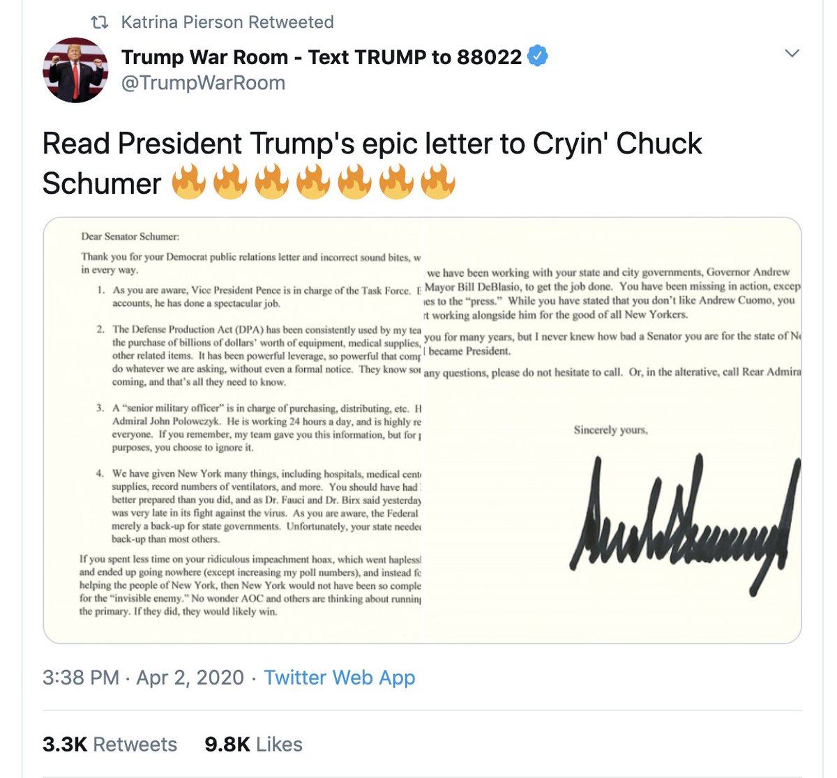 19/Blame SchumerTrump told Schumer that the reason New York wasn’t better able to handle the epidemic was because Schumer wasted all that time on the impeachment “hoax.”The White House believed it had delivered an epic burn