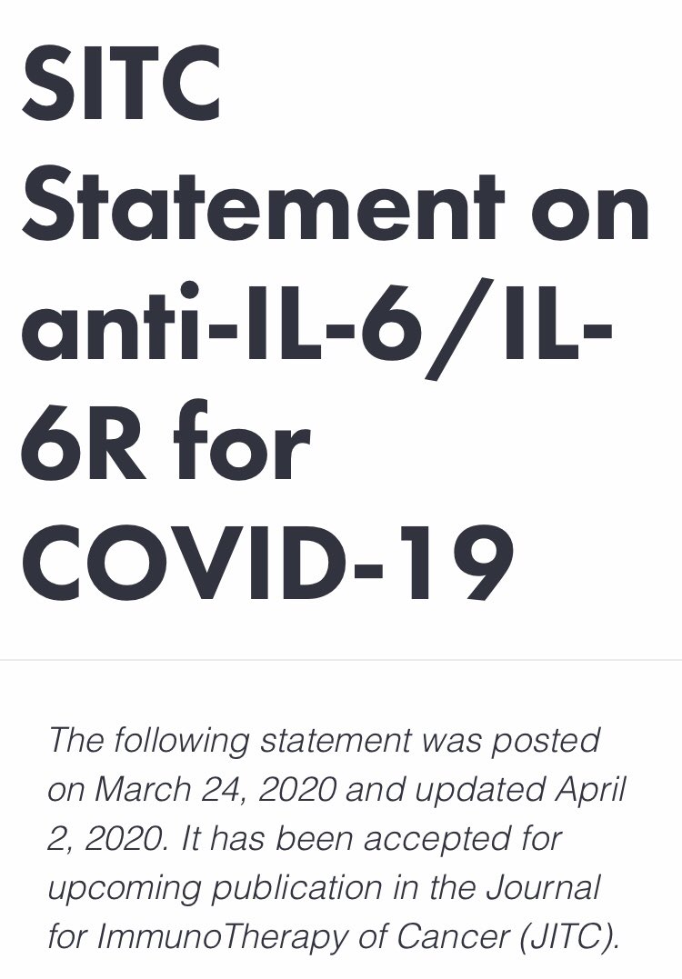 I started tweeting about  #toci as a potential tx for COVID19 on Feb 4.  @sitcancer put out this editorial on March 24.  https://www.sitcancer.org/research/covid-19-resources/il-6-editorial