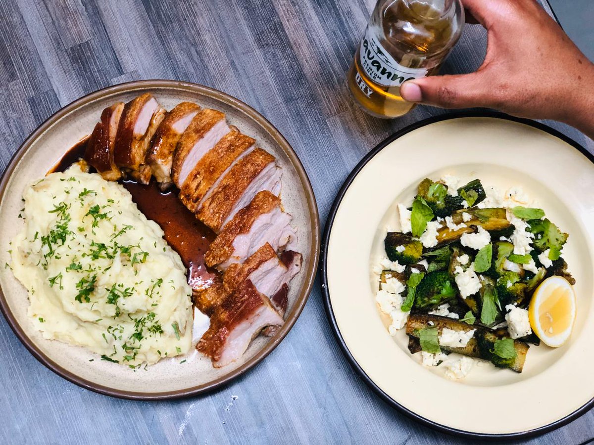 Friday pre birthday crispy skin pork belly, real ass mash tatoes , grilled broccoli & courgette salad w/mint and fetttter 