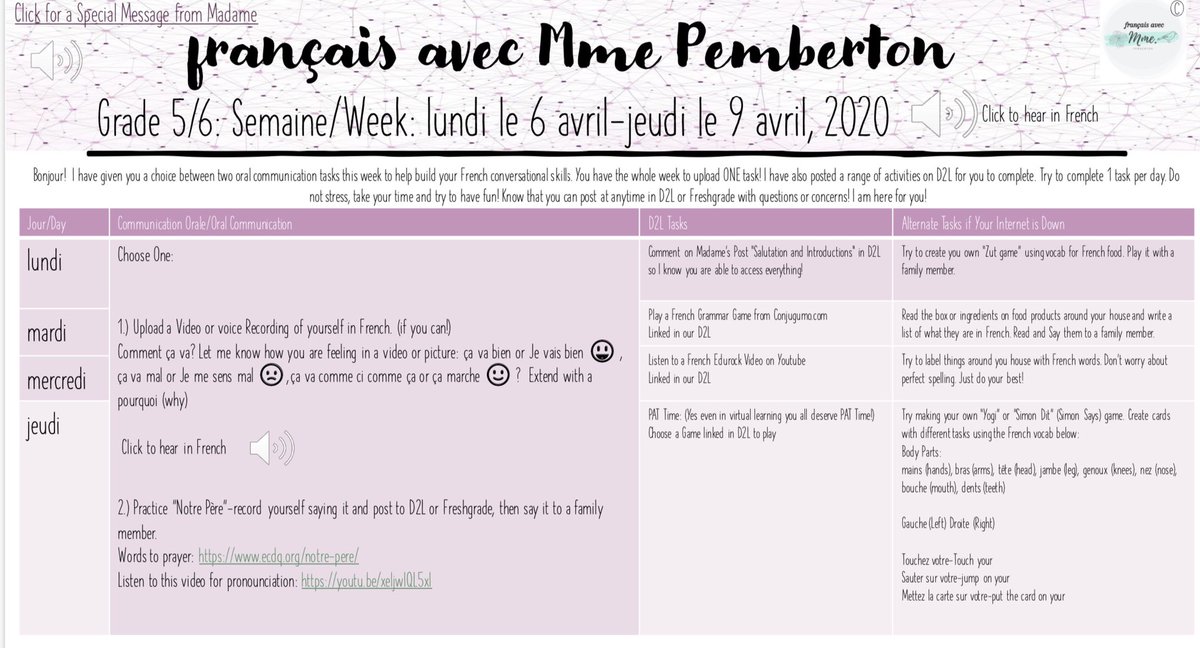 MmePemberton's tweet photo. An example of my Week at a Glance for my junior Core French class! Some donβt have the best internet so I made sure to include activities they could do offline! Voice Clips included! #TryingtoMakeitWork #FSLDistanceLearning #AccomodateForNeeds #ChoiceBased #FormativeActivities https://t.co/T5ooxBjXVM