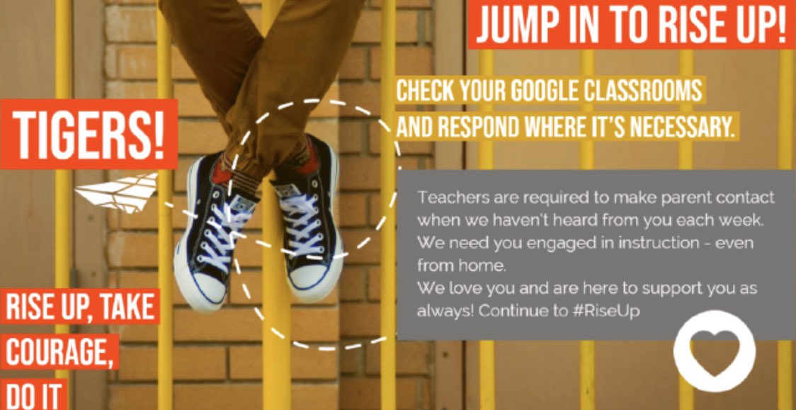 CypressParkHS's tweet photo. #TigerNation, make sure to continue checking in weekly with your teachers. Follow us for campus updates! We miss you but know you will continue to #RiseUp until we see you again! ❤️ https://t.co/oKw5QQaXk0