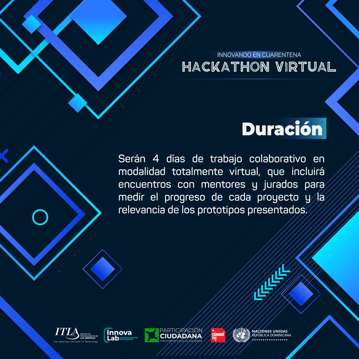 InnovaLabRD's tweet photo. Primer Hackathon virtual de la República Dominicana “Innovando en Cuarentena”💡
#HackathonVirtualRD #InnovandoEnCuarentena #CoronavirusRD #COVID19 #innovalabrd #participacionciudada #itlard https://t.co/DcWl3Jagcx