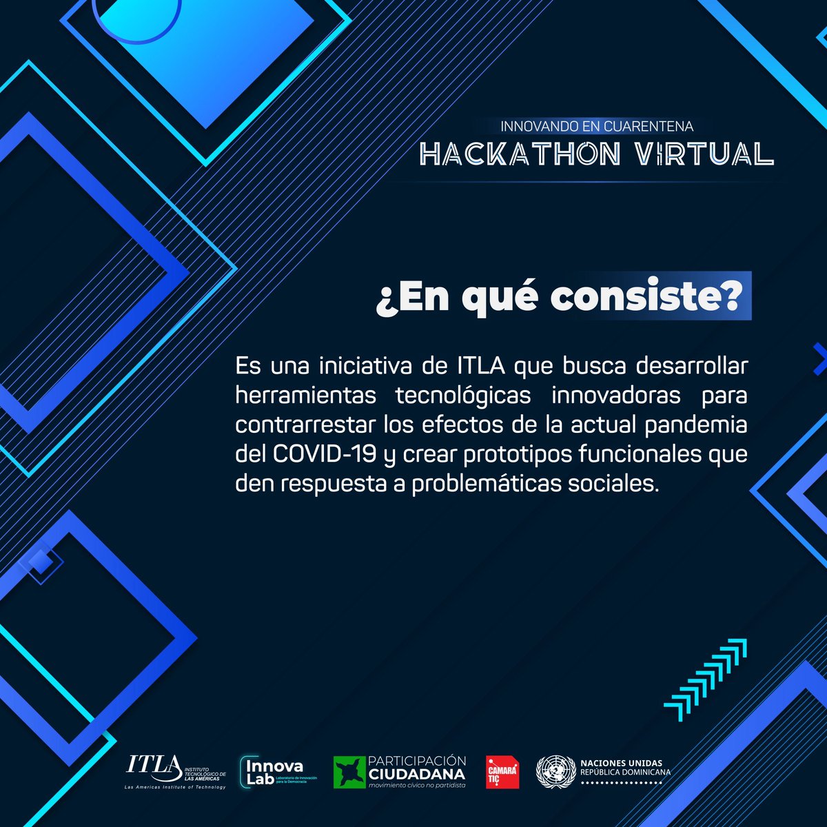 InnovaLabRD's tweet photo. Primer Hackathon virtual de la República Dominicana “Innovando en Cuarentena”💡
#HackathonVirtualRD #InnovandoEnCuarentena #CoronavirusRD #COVID19 #innovalabrd #participacionciudada #itlard https://t.co/DcWl3Jagcx