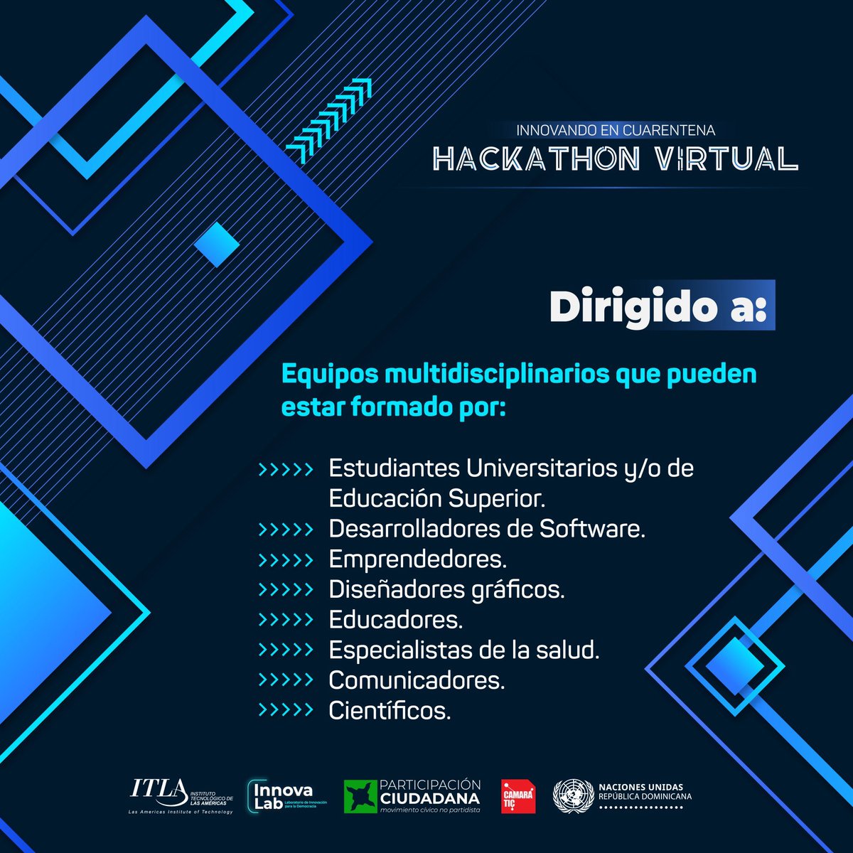 InnovaLabRD's tweet photo. Primer Hackathon virtual de la República Dominicana “Innovando en Cuarentena”💡
#HackathonVirtualRD #InnovandoEnCuarentena #CoronavirusRD #COVID19 #innovalabrd #participacionciudada #itlard https://t.co/DcWl3Jagcx