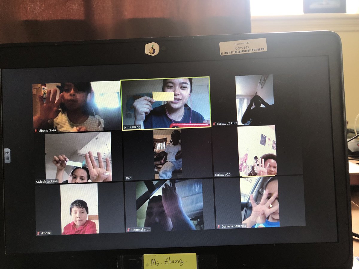 MsBZheng's tweet photo. New situation creates new routines! thanks to #COVID19, now we do #fridayfunday math&amp;science @zoom_us and screenshare @Elrod_HISD ! although some OLD routine still kicks in when a kid handsignaled the sign for “bathroom” even though no permissions needed for that any more..😆 https://t.co/Jws81nEEsh