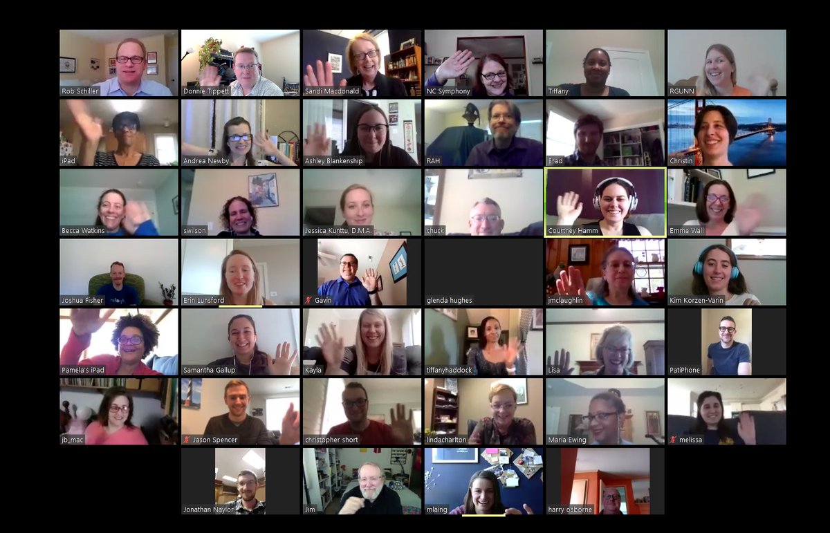 ncsymphony's tweet photo. "Hi" from our staff meeting today! (Here's as many folks as we could fit on one screen!) 👋 👋👋👋👋 https://t.co/me4O0whoQm