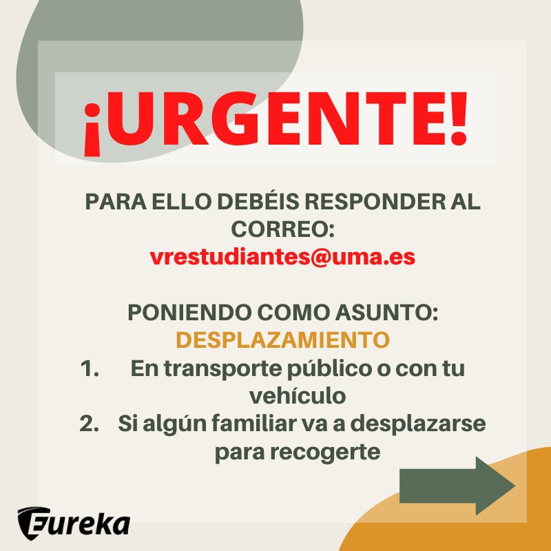 eureka_uma's tweet photo. 🔴📣📢¡URGENTE!📢📣🔴
¡PARA ESTUDIANTES QUE SIGAN EN SU PISO DEL ALQUILER!
Si queréis volver a vuestros domicilios familiares mandad un correo a @vestudiantesuma : vrestudiantes@uma.es

¡Tenéis hasta mañana a las 13:00 para poder escribirles! https://t.co/KUKDqHXttn