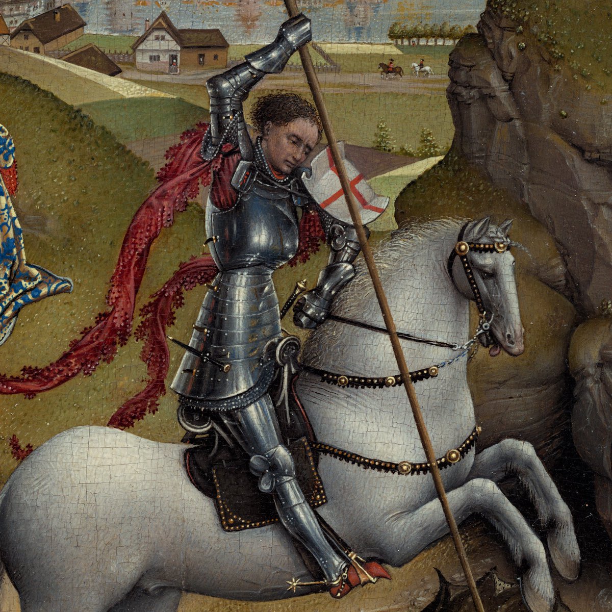 Saint George, in black Gothic armor, pins the dragon to the ground with his lance.At the left kneels the fashionably attired Princess Cleodolinda who was to have been sacrificed to the dragon.