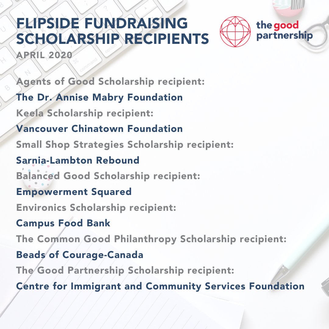 DavidKravinchuk's tweet image. Great News! The Common Good scholarship recipient is @BeadsofCourageC. @CGPhilanthropy supported this initiative so a small charity could access #FlipsideFundraising, an online fundraising training program hosted by @goodpartnersinc. Thanks to all who applied!