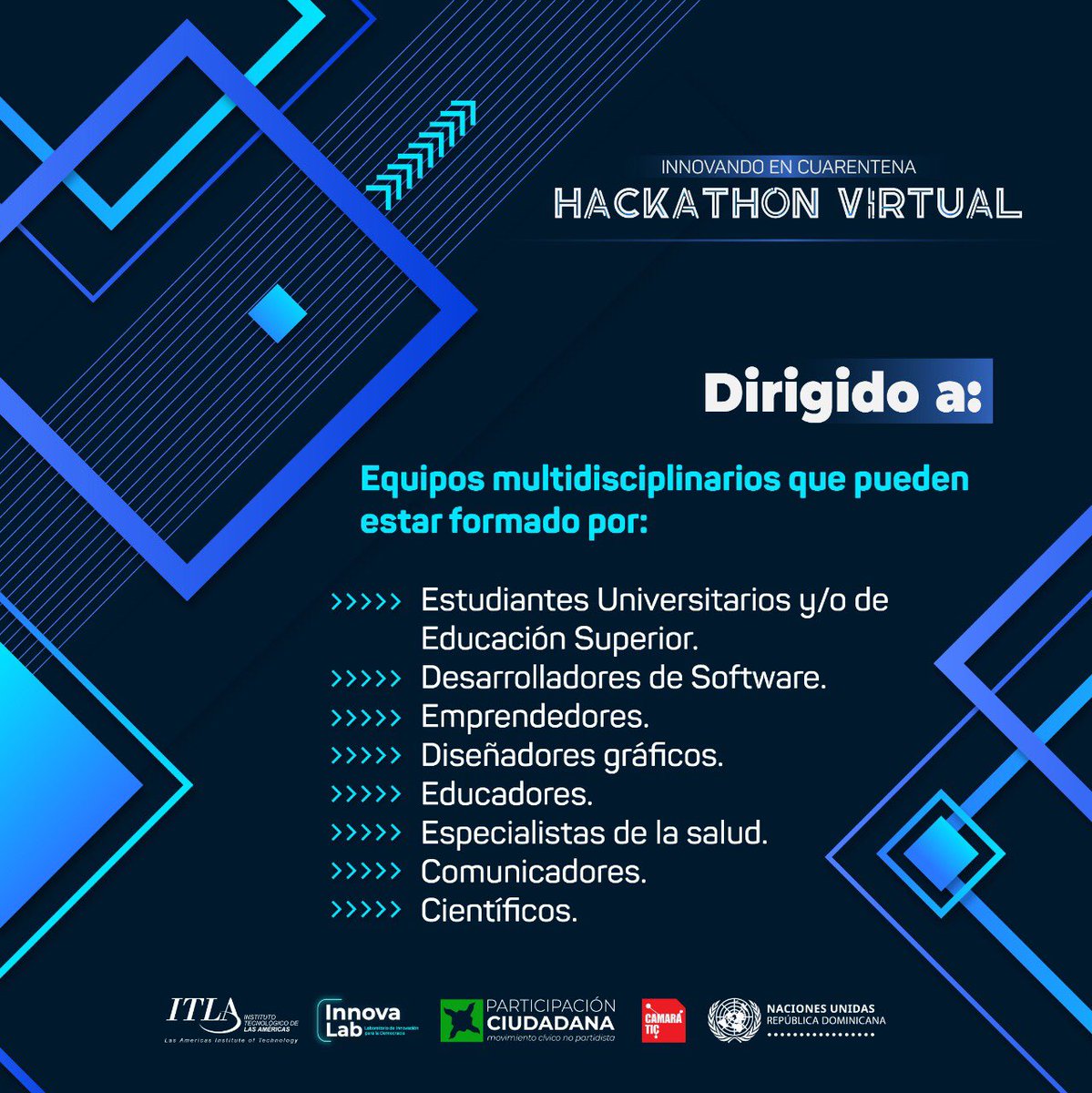 InnovaLabRD's tweet photo. Hagámosle frente al Covid-19, desarrollemos iniciativas que puedan dotar a la sociedad de herramientas para contrarrestar los efectos de esta pandemia.
#HackathonVirtualRD #InnovandoEnCuarentena #COVID19 #ITLARD #ParticipaciónCiudadana #InnovaLabRD #CámaraTicRD #nacionesunidasRD https://t.co/n4vANo1Hlz