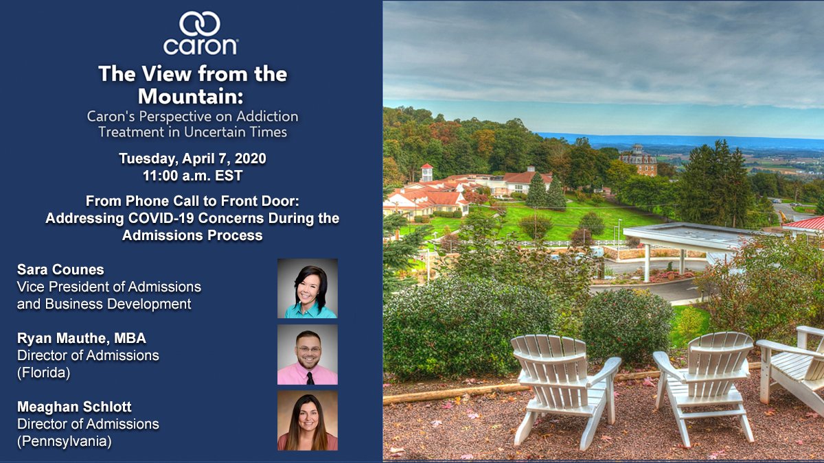 CaronTreatment's tweet photo. Join us on 4/7 at 11am ET for the latest installment of our weekly webinar. In this discussion, leadership from Caron’s Admissions Department will address #COVID19 concerns that may come up during the admissions process. Register here. https://t.co/ISdty1yb3w https://t.co/taWPjkNQe1