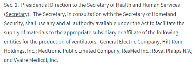 Yesterday, April 2 (after 4,700 deaths) we saw two more memos.First, the WH called on Azar "to facilitate the supply of materials" to produce ventilators to the subsidiaries or affiliates of 6 companies. https://www.whitehouse.gov/presidential-actions/memorandum-order-defense-production-act-regarding-purchase-ventilators/