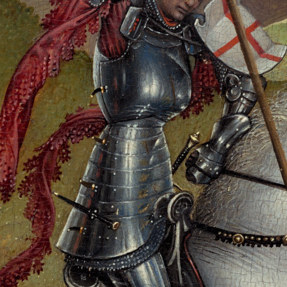 The attention to specific detail has led to the suggestion that Rogier used a magnifying glass.His interest in depiction of light—reflecting on George's armor and the dragon's scales—and atmospheric effects shows the influence of Jan van Eyck.