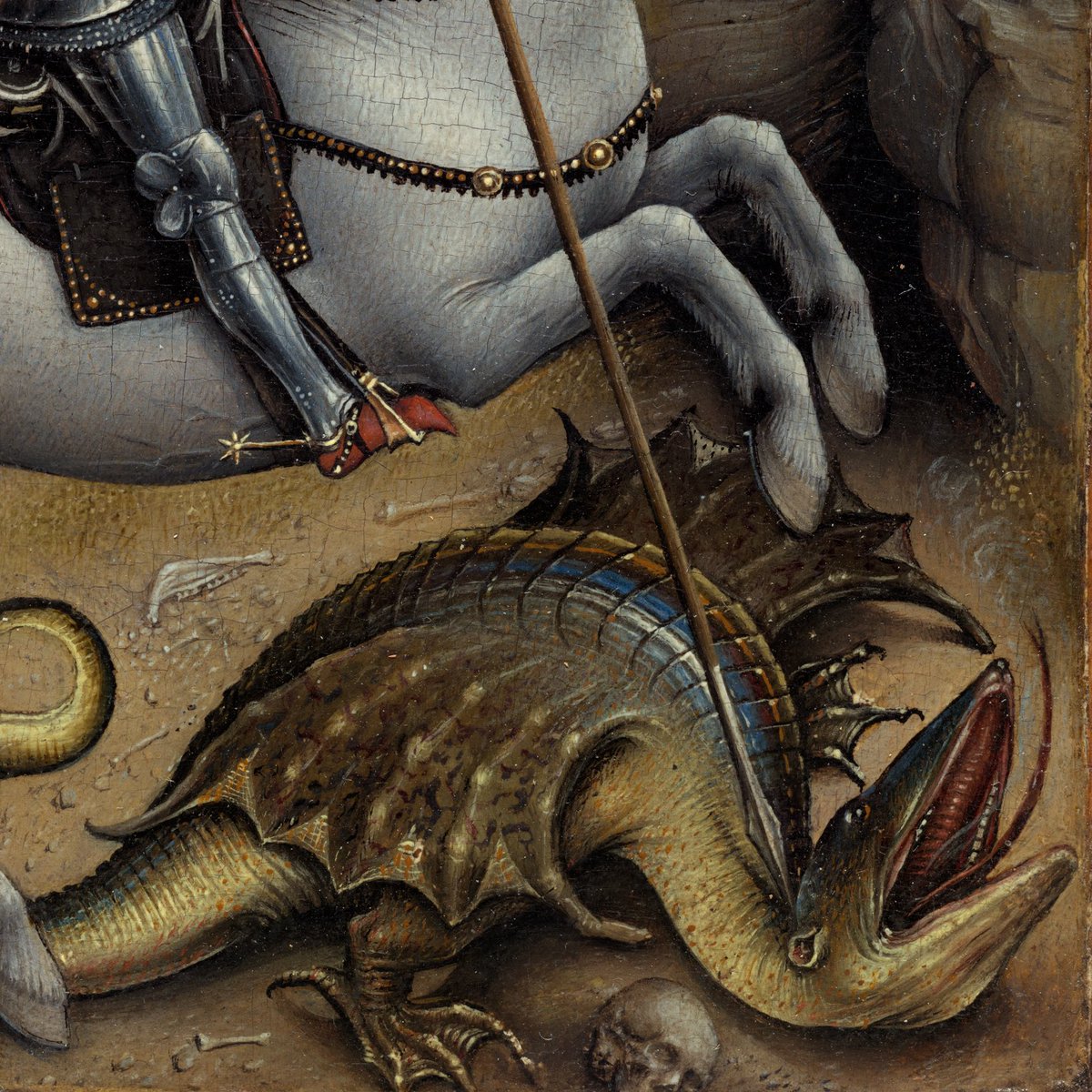 The attention to specific detail has led to the suggestion that Rogier used a magnifying glass.His interest in depiction of light—reflecting on George's armor and the dragon's scales—and atmospheric effects shows the influence of Jan van Eyck.