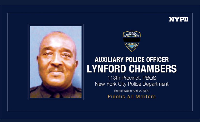 Oakboropolicenc's tweet photo. Please keep @NYPD113Pct @NYPDchaplains @NYPDShea @NYPDnews in your thoughts and prayers. Auxiliary Police Officer Lynford Chamber passed away due to complications of #COVID19. #officerdown #neverforgetthefallen #EOW #thinblueline #NYPD #newyork #113precinct #jamaica #queens https://t.co/K9Qb4J9o92