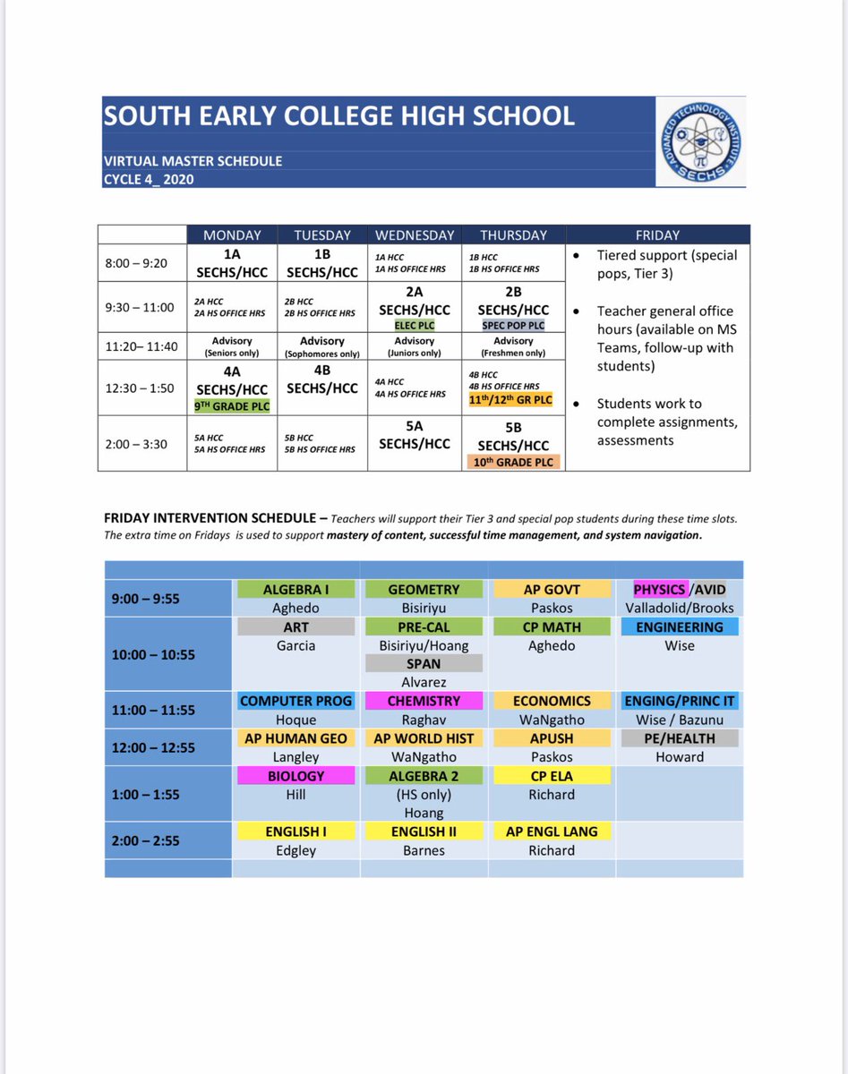 Virtual Master Schedule. Contact teachers using Microsoft Teams, email or call if the teacher provided a phone #. Don’t miss out on information as we all transition and get adjusted to our new platforms for instruction/ learning. Contact your advisor. Be safe. 
#LeadLearnLevelUp
