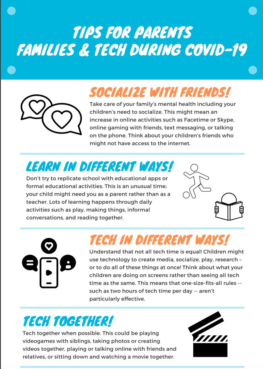 lacerrareads's tweet photo. A great infographic from Denise Agosto @DrexelUniv with simple tips for parents who are managing their family's technology use while they're at home during the current health crisis. #COVID2019 https://t.co/0tKpJZKZdk