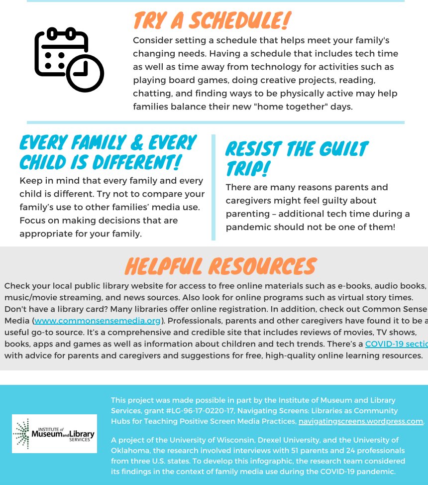 A great infographic from Denise Agosto <a href="/DrexelUniv/">Drexel University</a> with simple tips for parents who are managing their family's technology use while they're at home during the current health crisis. #COVID2019