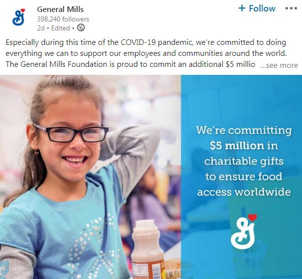 . @GeneralMills supports employees and communities in response to COVID-19 https://blog.generalmills.com/2020/04/supporting-employees-and-communities-in-response-to-covid-19/ #DoGoodMN