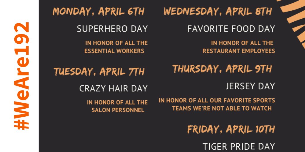 district192's tweet photo. You're invited to join families around the district in a virtual spirit week, April 6-10. This is a chance to get creative with whatever you have around the house, to build school and community spirit, to show support to others, and to just have fun! 🧡 | #WeAre192 https://t.co/01cnHBzm99