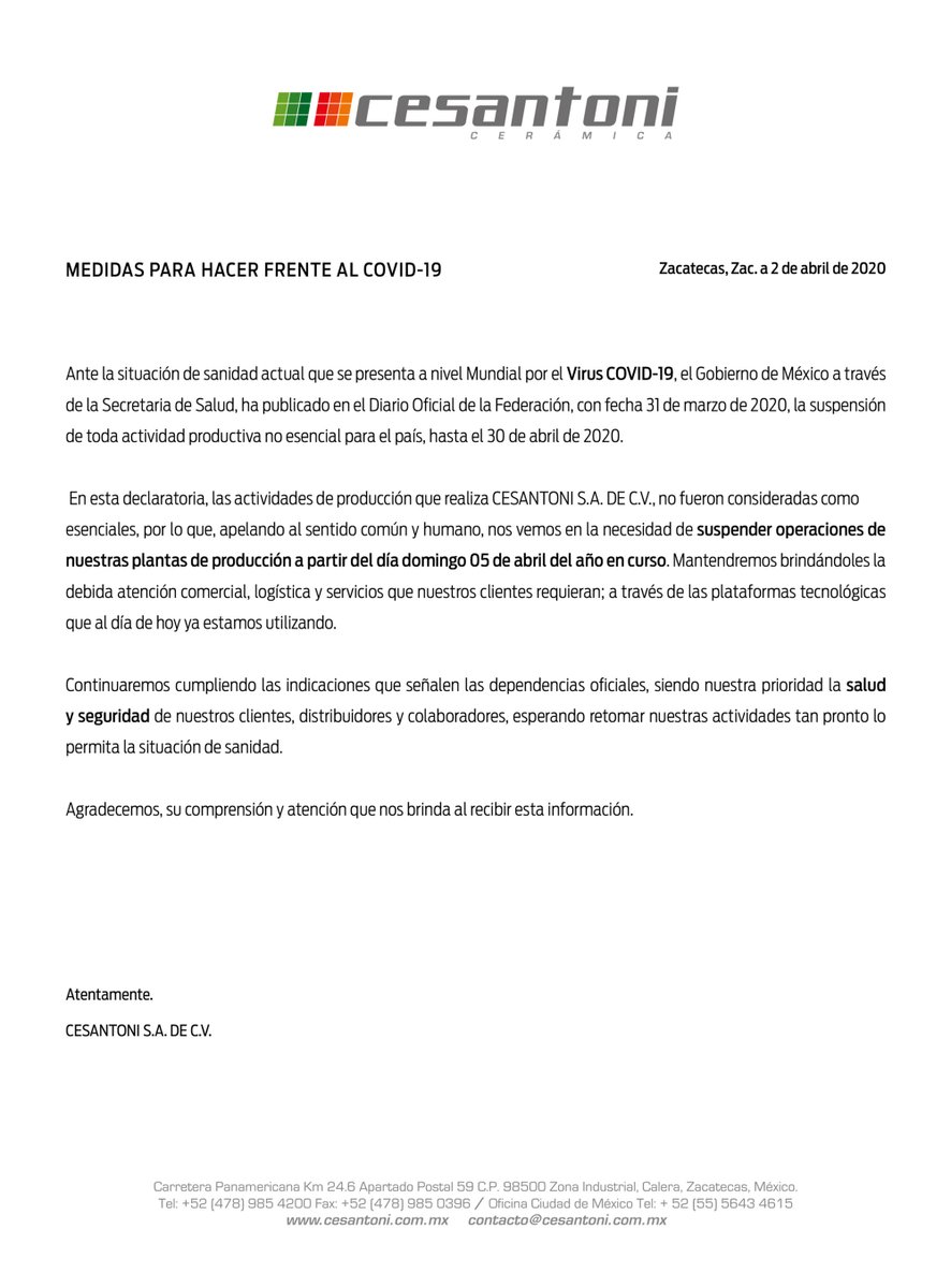cesantonimx's tweet photo. Hacemos del conocimiento a nuestros socios comerciales, distribuidores y clientes, el paro de actividades en estricto apego a los requerimientos del Gobierno Federal. https://t.co/9e3vKm8gqQ