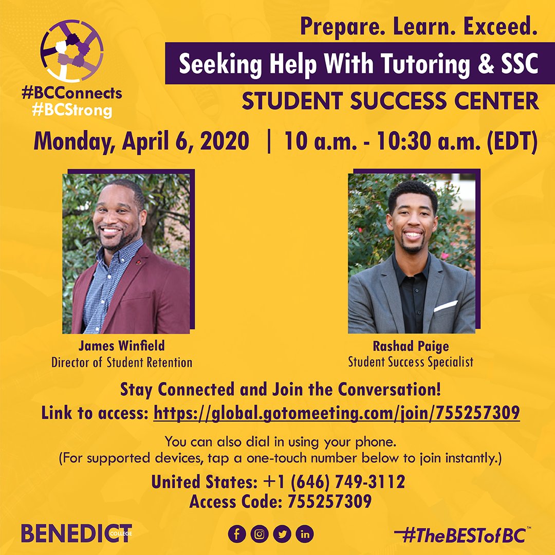 BenedictEDU's tweet photo. Get the help you need to PREPARE, LEARN, and EXCEED! Stay Connected and Join the Conversation Monday, April 6 at 10 a.m. #BCStrong #BCConnects #BCStudentSuccess https://t.co/un7dhWXxrI