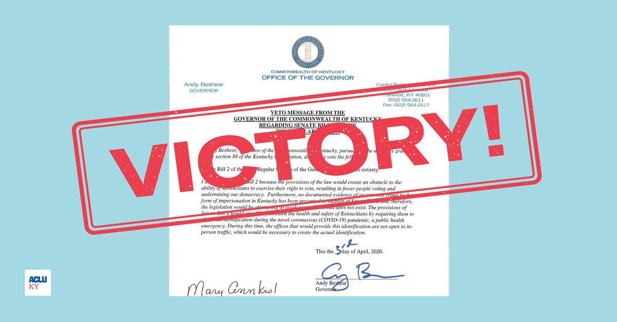 Follow ACLU of Kentucky on BlueSky @acluofky.bsky (@acluofky) on Twitter photo BREAKING: <a href="/GovAndyBeshear/">Governor Andy Beshear</a> just vetoed #SB2, the Mandatory Voter Photo ID Bill! Thank you for your calls and commitment to free and fair elections. Every phone call counts.
#KYGA20 #LetPeopleVote BREAKING: <a href="/GovAndyBeshear/">Governor Andy Beshear</a> just vetoed #SB2, the Mandatory Voter Photo ID Bill! Thank you for your calls and commitment to free and fair elections. Every phone call counts.
#KYGA20 #LetPeopleVote