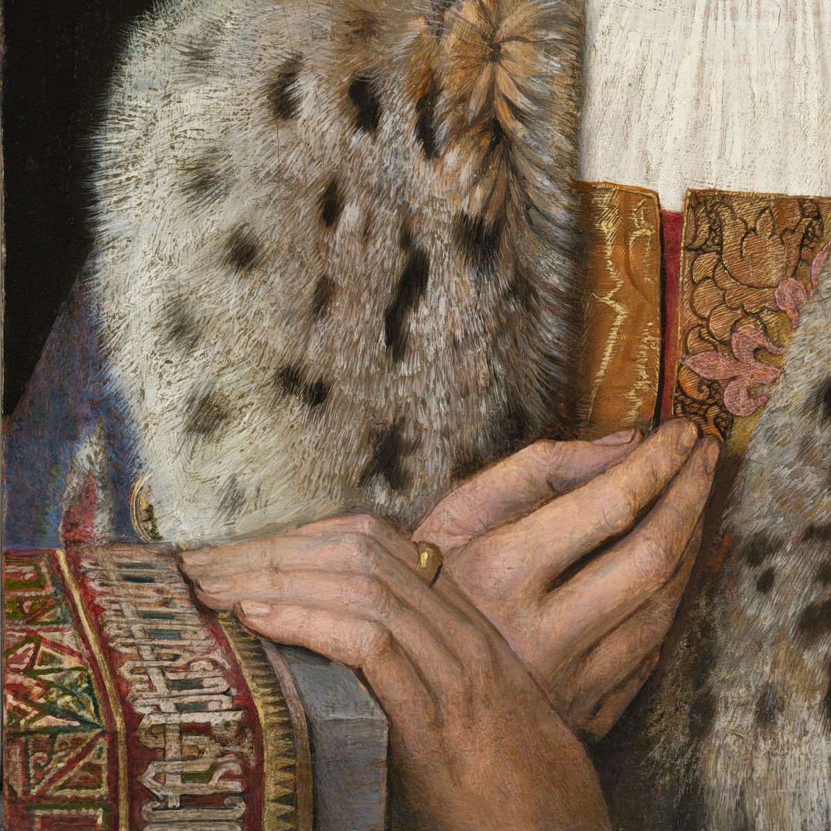 The ornate carpet covering the stone parapet on which his hand rests provided scholars with an important clue that led to the discovery of the object of his concentration—a painting of the Madonna and Child, of similar dimensions, in the Gemäldegalerie in Berlin.