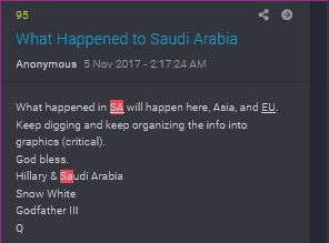 and Q posts. Q tells us that what occurred in SA will occur here and in Europe and Asia.Q later asks in post 118 who is the financial backer for human trafficking and who is the broker? Financial backer...billionaire elites from European, US, Asian and Saudi families...