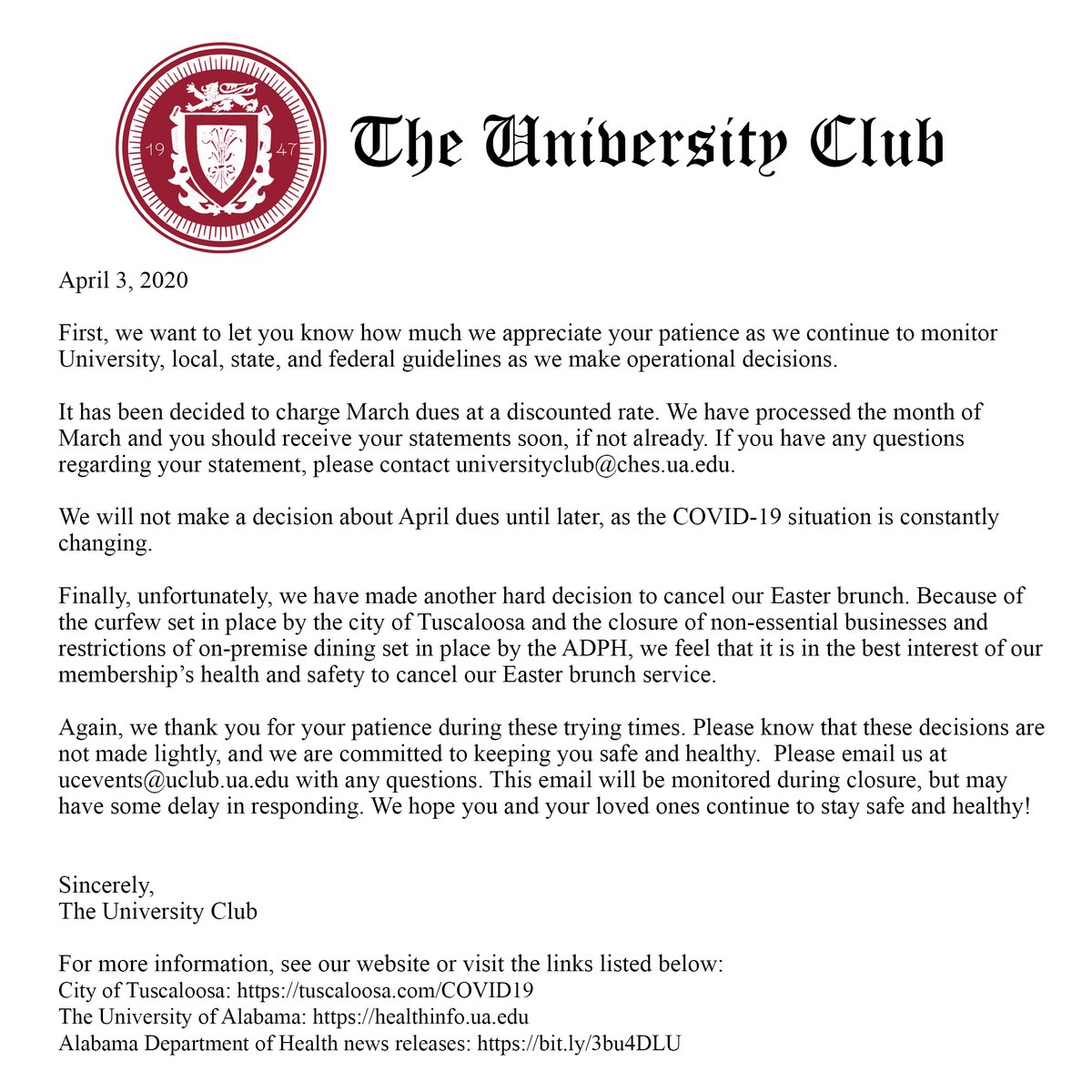 Please know these decisions are not made lightly--we are committed to your health and safety! Email us with questions or concerns.

Stay up-to-date on the COVID-19 situation:
City of Tuscaloosa: bit.ly/33YdtiA
UA: bit.ly/33Xbmvh
ADPH: bit.ly/2Jhv9fx