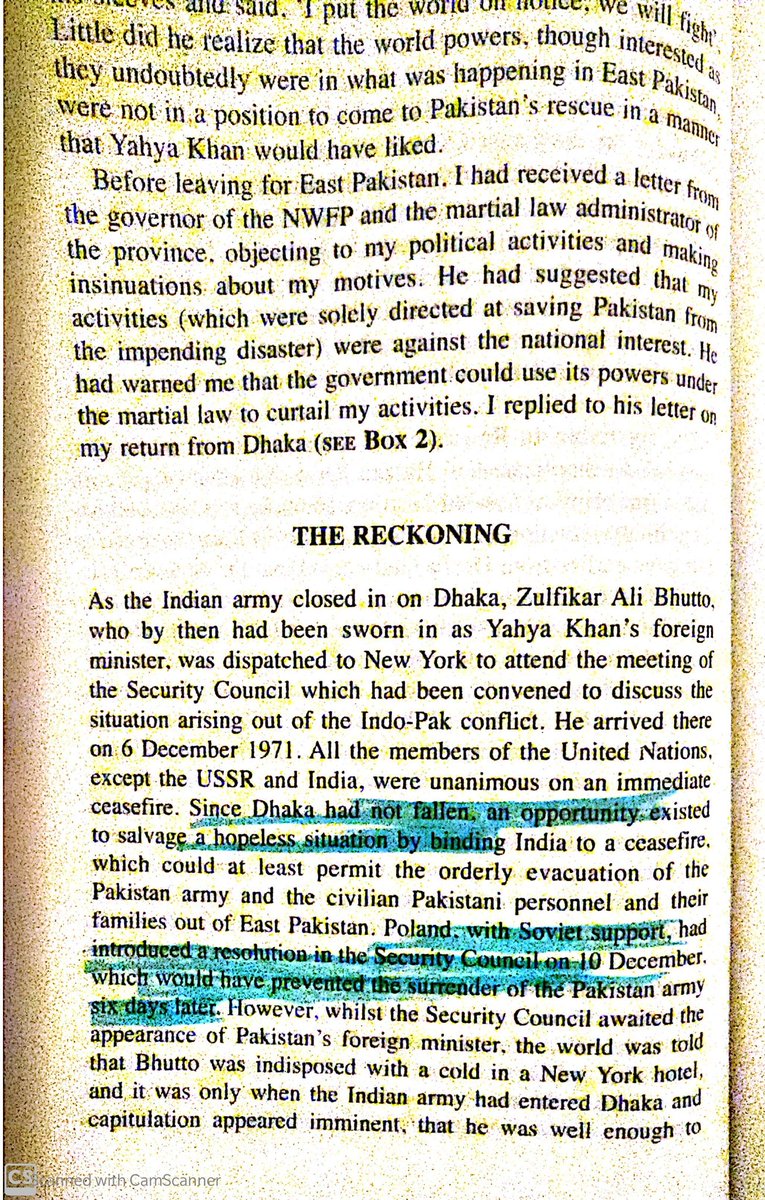 Missed one point on Fall of Dhaka & Bhutto's oratory in UN:Yahya sent ZAB to UN as his foreign minister, there was an opportunity to salvage a hopeless situation by accepting polish resolution but Bhutto didn't attend the session citing that he was indisposed due to Cold.