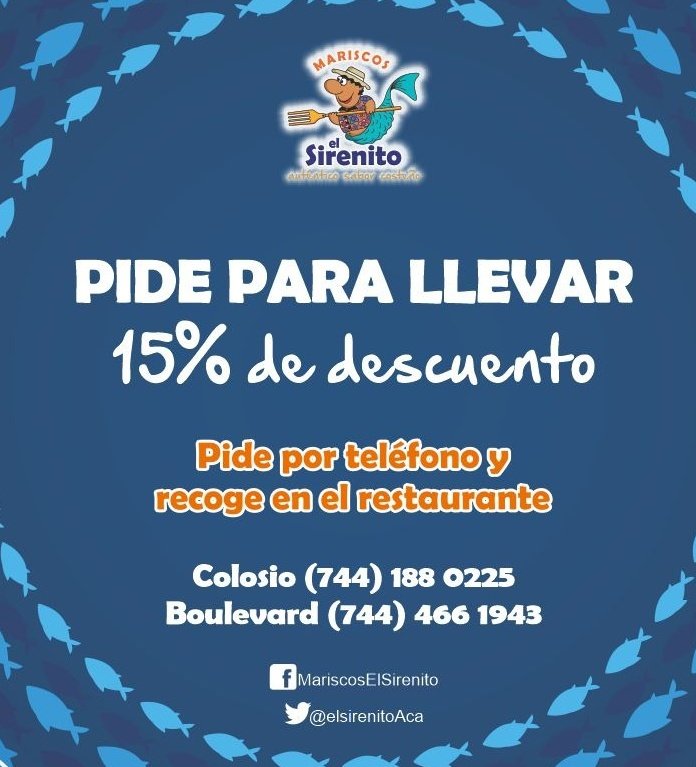 MenuAcapulco's tweet photo. Pide tus mariscos de @elsirenitoAca para llevar y obtén un descuento del 15%. Llama a cualquiera de sus dos sucursales.

#DondeComerenAcapulco https://t.co/18Ds0XjhJl