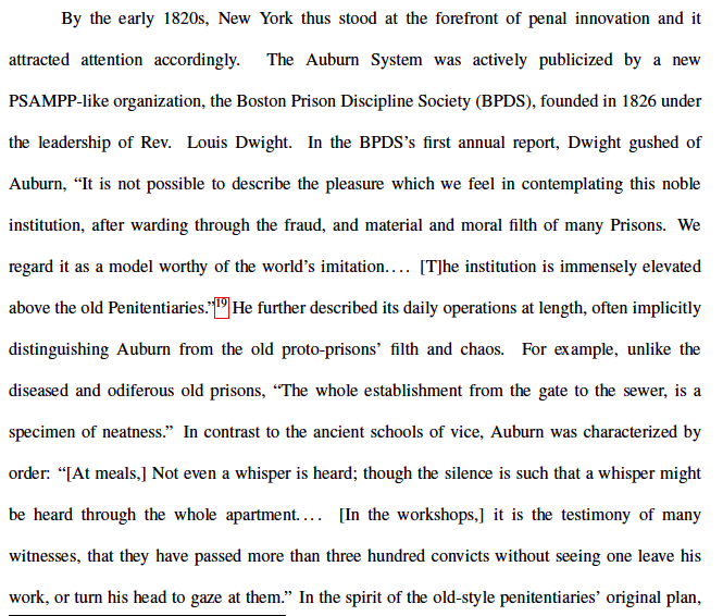 Again, the contrast to the disease-ridden prison facilities the new Auburn facility was replacing was one of several factors promoters used to explain why states should adopt this particular prison's design. (From an earlier version of my book.)