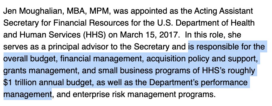 (3/x) In fact,  @HHSGov doesn’t even have a legally-serving “Acting” Asst. Secretary for Financial Resources. Its website claims Jennifer Moughalian is in that role and that she’s responsible for some stuff that seems pretty important right now:  https://www.hhs.gov/about/leadership/jennifer-moughalian/index.html
