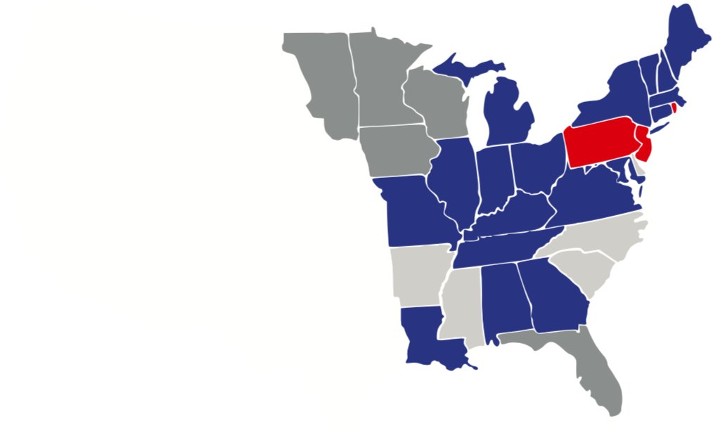 And this is the spread (in 1821, 1840, and 1860) of second-gen prisons (Auburn System in blue, PA's Separate System in red).