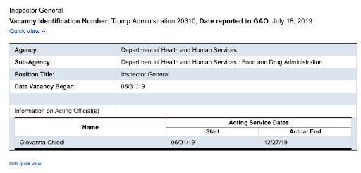 (5/x) No problem, you might say—there’s an Inspector General at  @HHSGov who can look into anything fishy that happens to the money. But wait: There’s no Senate-confirmed IG, either! And there’s no Acting IG, since the last one ... resigned in December.  https://www.gao.gov/legal/other-legal-work/federal-vacancies-reform-act