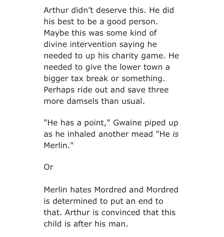 • Thick as Sorcerers by CaffeinatedFlumadiddle   - Gen, merlin/arthur, merlin & mordred friendship  - Rated T  - canon divergence   - 23,846 words https://archiveofourown.org/works/19350961/chapters/46037728