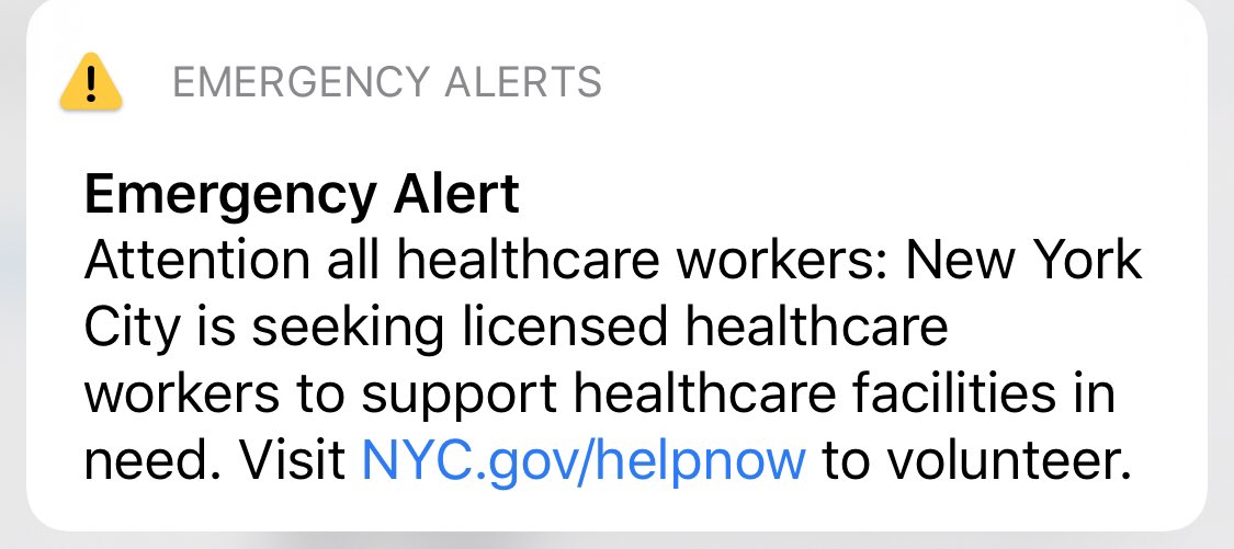DavidBegnaud's tweet photo. NOW: New York City is using the emergency alert system to ask for all licensed healthcare workers who can work to email the city to volunteer. This is what it's come to. https://t.co/mBxt1QKQxp